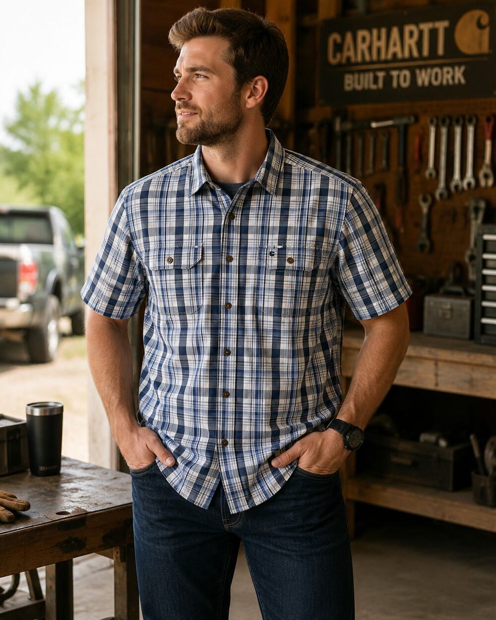 Carhartt Men's Large Relaxed Fit Blue Plaid Short Sleeve Shirt